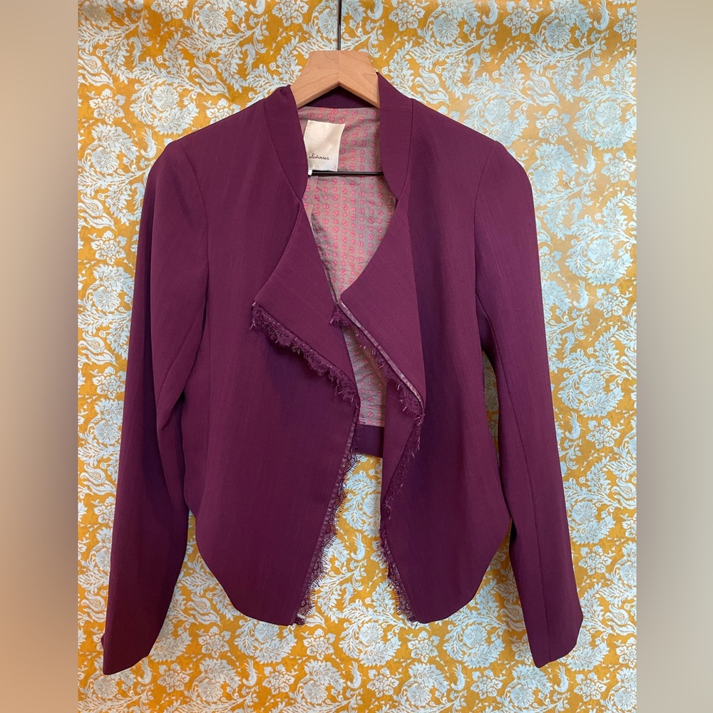 Anthropologie Elevenses Plum Asymmetric Drape Shawl Collar Open Front Jacket - Picture 1 of 4